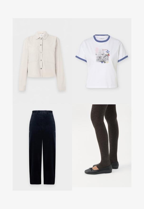 Veste courte beige clair avec manches longues, boutons-pression argentés sur le devant, col pointu et deux poches poitrine.; T-shirt blanc à manches courtes avec col et bordures de manches bleus, comportant un imprimé sur le thème nautique avec un voilier, une ancre et des créatures marines.; Pantalon en velours côtelé bleu marine avec taille haute, jambes droites et deux poches avant. Doté d'une fermeture par bouton et glissière. Tissu texturé.; Jambes portant des leggings côtelés foncés associés à des ballerines noires avec de petits détails en nœud sur fond blanc.