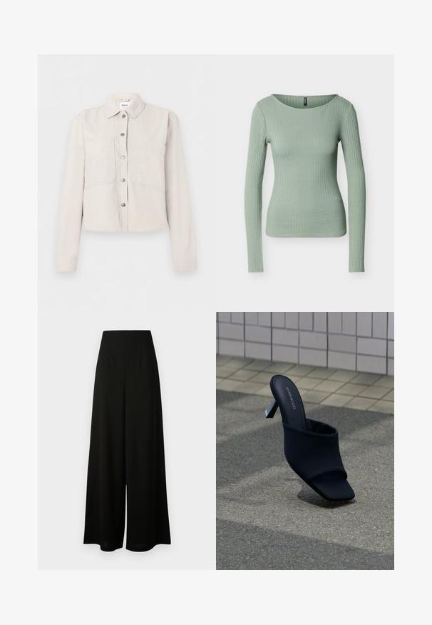 Lysebeige cropped jakke med lange ærmer, sølvfarvede trykknapper foran, spids krave og to brystlommer.; Lysegrøn ribstrikket, tætsiddende top med lange ærmer og rund halsudskæring, vist på en ensfarvet hvid baggrund.; Vero Moda Tall VMLIVA SUPER WIDE PANTS - Bukser - black; Sort åben tå mule med blokhæl og firkantet tå, mærket "EVEN&ODD," placeret på gråt fortov nær flisebelagt væg.