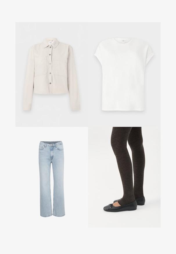 Lysebeige cropped jakke med lange ærmer, sølvfarvede trykknapper foran, spids krave og to brystlommer.; Hvid t-shirt med korte ærmer med optrukne ærmer og rund halsudskæring, vist fladt på en lys grå baggrund.; Lysblå højtaljede denim jeans med brede ben, fremadgående knap- og lynlåslukning samt fem lommer.; Ben iført mørke ribbede leggings kombineret med sorte balletsko med små sløjfedetaljer på hvid baggrund.