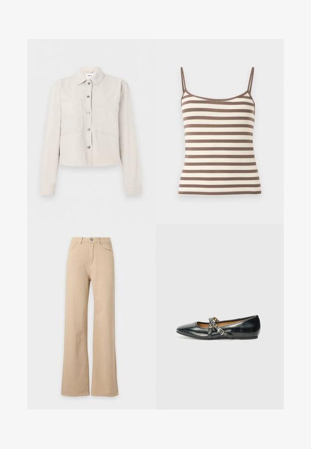 Veste courte beige clair avec manches longues, boutons-pression argentés sur le devant, col pointu et deux poches poitrine.; Camisole côtelée à rayures horizontales marron et blanc avec fines bretelles.; Pantalon beige taille haute, jambes larges, fermeture à boutons devant, poches avant et arrière, présenté sur fond blanc.; Ballerine noire à bout pointu avec des sangles croisées décoratives ornées d'œillets argentés, sur un fond blanc uni.