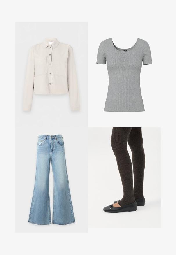 Veste courte beige clair avec manches longues, boutons-pression argentés sur le devant, col pointu et deux poches poitrine.; Haut gris côtelé à manches courtes avec un col rond en U et quatre petits boutons en ligne au centre devant.; Jean bleu clair à jambes larges en denim avec fermeture à bouton et fermeture éclair à l'avant, passants de ceinture et poches avant, présenté sur un fond uni.; Jambes portant des leggings côtelés foncés associés à des ballerines noires avec de petits détails en nœud sur fond blanc.