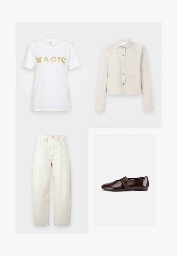 Veste courte beige clair avec manches longues, boutons-pression argentés sur le devant, col pointu et deux poches poitrine.; T-shirt en coton blanc avec un texte doré scintillant portant le mot "MAGIE" dans une police en gras et arrondie. Manches courtes et encolure ras du cou classique.; Jean en denim crème, taille haute et jambes larges, avec poches avant et coutures visibles sur un fond uni.; Chaussure plate en cuir verni marron foncé avec une large bride à boucle dorée et un bout arrondi, présentée de profil sur fond blanc.