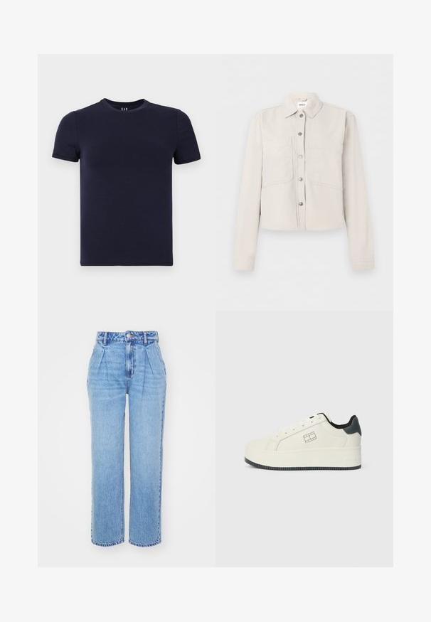 Veste courte beige clair avec manches longues, boutons-pression argentés sur le devant, col pointu et deux poches poitrine.; T-shirt col rond bleu marine en coton lisse, avec des manches courtes et une coupe régulière. Design simple et sans couture, sans motifs.; Jean en denim bleu clair avec une taille haute, une coupe large et des plis à l'avant. Présente une couture typique et une fermeture à bouton à la taille.; Baskets blanches avec une plateforme légèrement surélevée, texture lisse, accents noirs au talon et un logo sur le côté.
