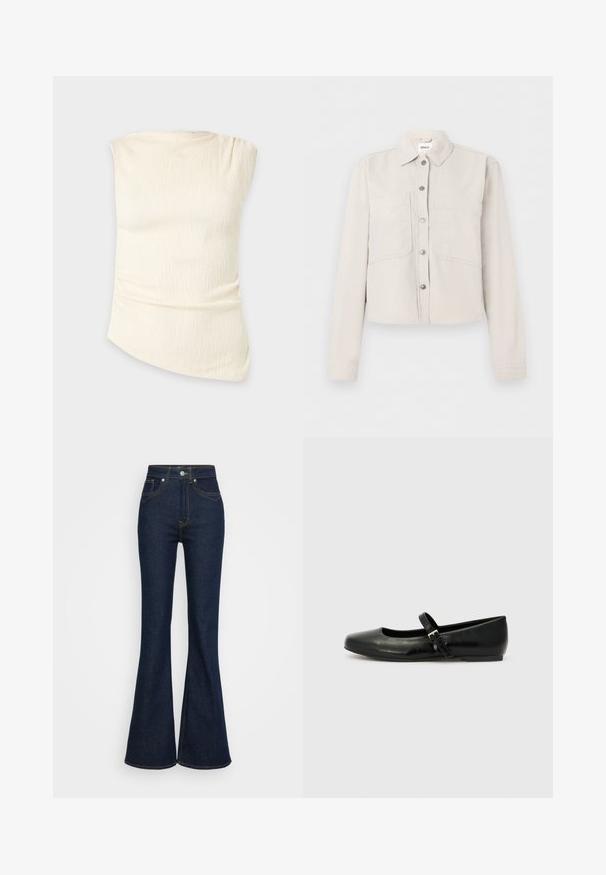 Veste courte beige clair avec manches longues, boutons-pression argentés sur le devant, col pointu et deux poches poitrine.; Haut sans manches de couleur crème avec un tissu texturé et un ourlet légèrement asymétrique, affiché sur un fond clair uni.; Jean en denim bleu foncé taille haute avec jambes évasées, poches avant et arrière, fermeture par bouton argenté et détails de couture orange.; Ballerines en cuir noir avec un bout arrondi, une semelle plate et une fine sangle ajustable sur le cou-de-pied avec une boucle en métal.