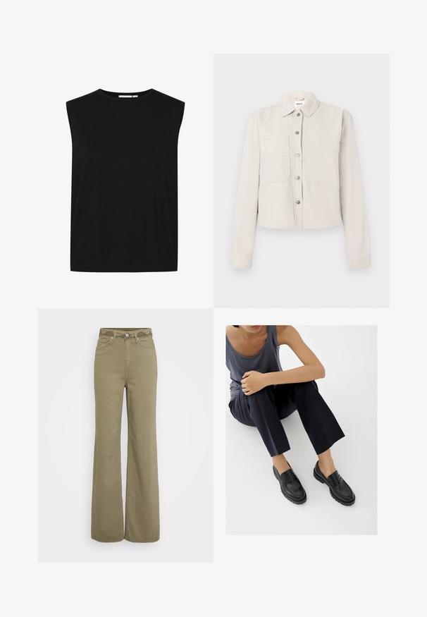 Hellbeige, kurz geschnittene Jacke mit langen Ärmeln, silbernen Druckknöpfen vorne, spitzem Kragen und zwei Brusttaschen.; Schwarzes ärmelloses Oberteil mit rundem Halsausschnitt, aus einem gerippten Stoff gefertigt, mit lockerer Passform und geradem Saum, entworfen für Komfort.; Hochgeschnittene, weit geschnittene Hosen in Khaki mit vorderen und hinteren Taschen, Gürtelschlaufen sowie einem Knopf- und Reißverschluss.; Schwarze Leder-Loafer mit strukturierten Akzenten, niedrigem Absatz, rundem Zehenbereich und sichtbarer Naht. Das Modell trägt dunkle Hosen und ein graues Oberteil.