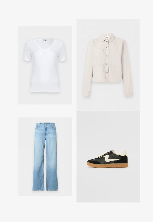 Veste courte beige clair avec manches longues, boutons-pression argentés sur le devant, col pointu et deux poches poitrine.; Haut blanc à manches courtes côtelé avec col en V et coupe ajustée, présenté à plat sur un fond clair.; Jean denim bleu clair à jambes larges avec bouton et fermeture éclair à l'avant, passants pour ceinture, et design cinq poches.; Baskets en daim et cuir noir avec un swoosh latéral crème et un talon crème clair. Dotées de lacets beige et d'une semelle en caoutchouc gomme.