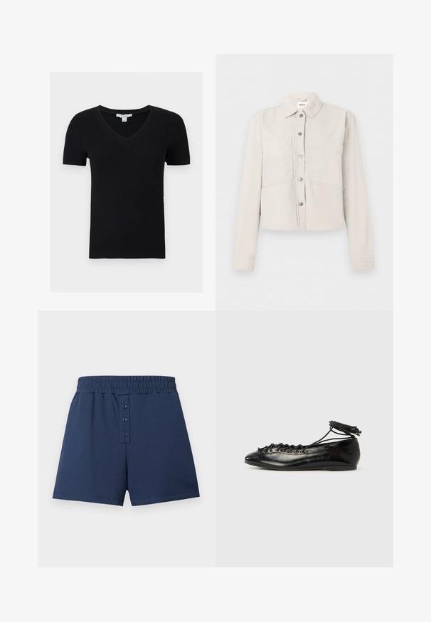 Veste courte beige clair avec manches longues, boutons-pression argentés sur le devant, col pointu et deux poches poitrine.; Haut court noir côtelé à manches courtes avec col en V, en tissu extensible, présenté à plat sur fond blanc.; Shorts en coton bleu marine avec ceinture élastique et fermeture avant à trois boutons, présentés sur un fond clair uni.; Ballerines en cuir verni noir avec un bout rond, un design à lacets et une semelle plate. Texture lisse avec peu de détails.