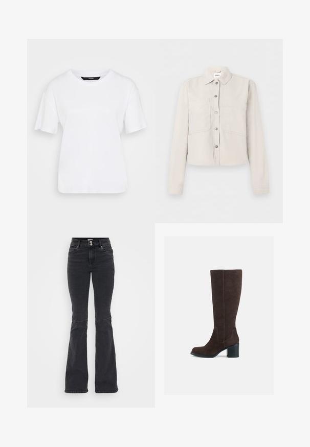 Chaqueta corta beige claro con mangas largas, botones a presión plateados en la parte delantera, cuello puntiagudo y dos bolsillos en el pecho.; Camiseta blanca de manga corta hecha de algodón. Presenta un escote redondo y un corte relajado, con un diseño sencillo y sin patrones ni acentos visibles.; Jeans de denim negros de talle alto con piernas acampanadas, cierre de doble botón y bolsillos frontales y traseros, sobre un fondo blanco.; Botas de ante marrón hasta la rodilla con tacón cuadrado y un acabado liso. Punta redonda y costura distintiva en el caño.