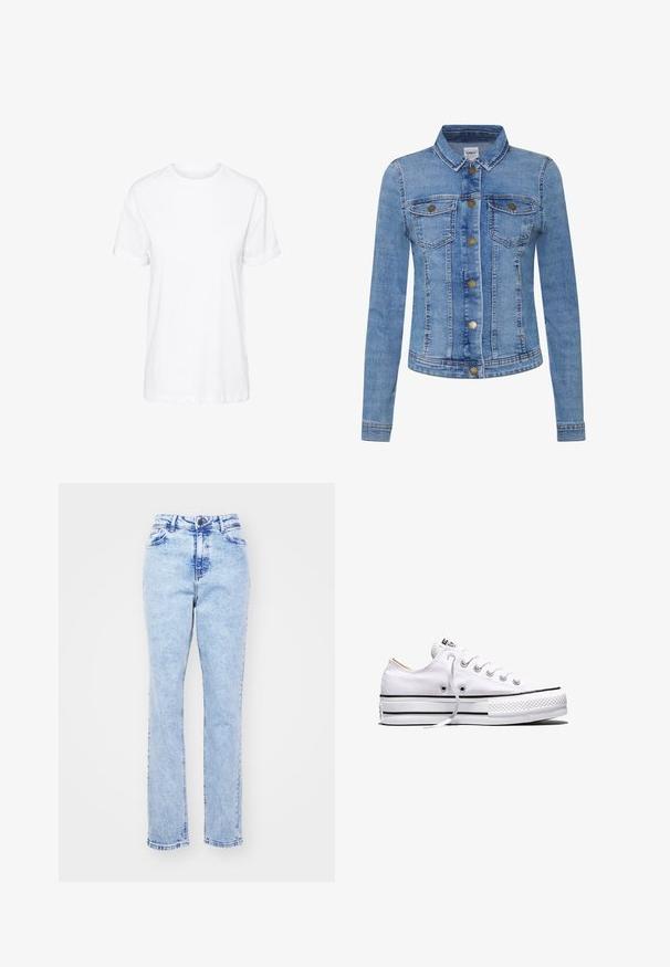 Veste en denim bleu clair avec col, deux poches poitrine, fermeture boutonnée et accents métalliques. Style camionneur classique avec une coupe ajustée.; T-shirt blanc uni à manches courtes et col rond, présenté de face sur fond blanc sans motifs ni logos visibles.; Jean en denim bleu clair avec une coupe droite, taille haute, cinq poches et une fermeture à bouton en métal. Texture délavée avec des détails de couture subtils.; Baskets basses en toile blanche avec lacets blancs, bandes noires sur la semelle et embout en caoutchouc texturé, vue de côté sur fond blanc.