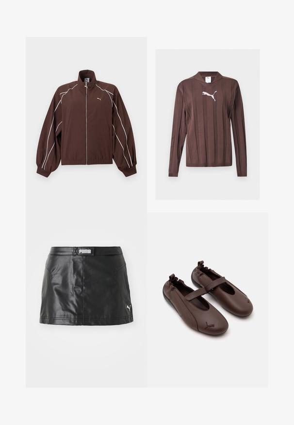 Brun Puma træningstrøje med hvid piping langs ærmerne, fuld lynlås foran, elastiske manchetter og kant samt lille gyldent Puma-logo på brystet.; Brun langærmet sweater med lodrette teksturerede striber og en hvid Puma-logo centreret på brystet mod en ensfarvet baggrund.; Sorte faux læder nederdel med en glat tekstur, der har et PUMA-logo på taljen og et lille logo på kanten.; Brune læder Mary Jane-stil sko med elastisk ryg, en rem over vristen og Puma-logo på afrundede tæer.