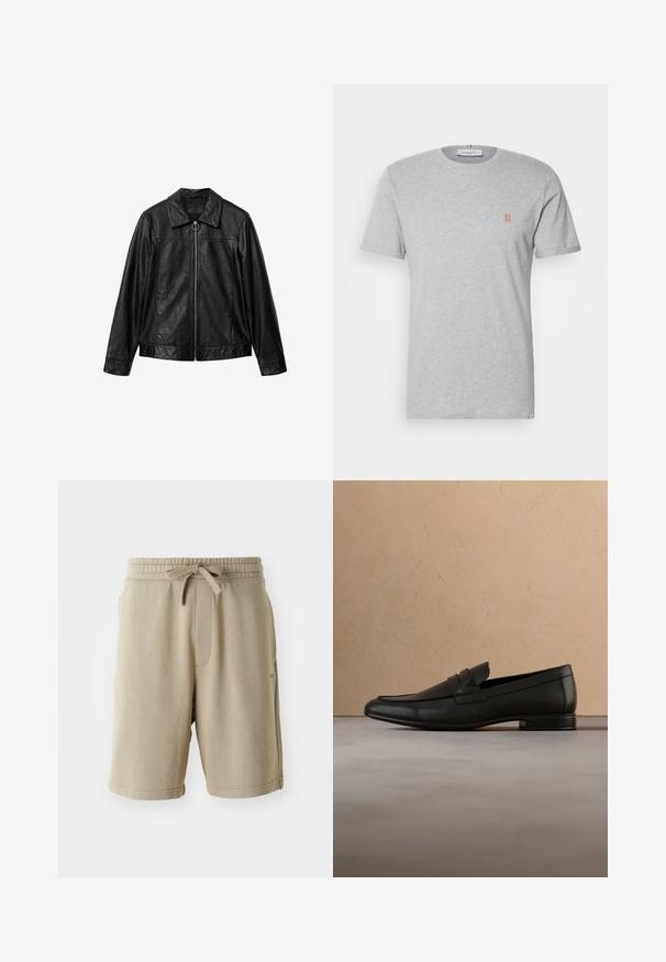 Veste noire en simili cuir avec manches longues, col et fermeture éclair argentée avec tirette ronde au centre devant.; T-shirt gris à manches courtes en coton, avec un petit logo orange "II" sur la poitrine gauche et un col rond. Texture lisse.; Shorts beiges avec une texture douce, taille élastique, cordon de serrage et poches latérales. Longueur mi-cuisse et minimalisme de la marque sur l'ourlet.; Mocassin en cuir noir flottant au-dessus d'un tapis beige avec un canapé beige dans un intérieur minimaliste.