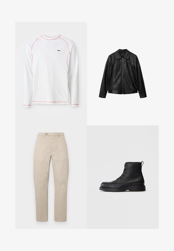 Zwarte jas van nep leer met lange mouwen, kraag en zilveren rits met ronde trekker aan de voorkant.; Witte lange mouwen t-shirt met rode stiksels en een klein zwart "OBEY" logo op de borst. Gemaakt van katoen, met een ronde hals.; Beige katoenen cargobroek met een rechte pijp, sluiting met een voorste knoop en twee zijzakken. Glad textuur en klassiek ontwerp.; Zwarte gestructureerde leren veterschoen tot de enkel met dikke zool en een lusje aan de achterkant, zijaanzicht.