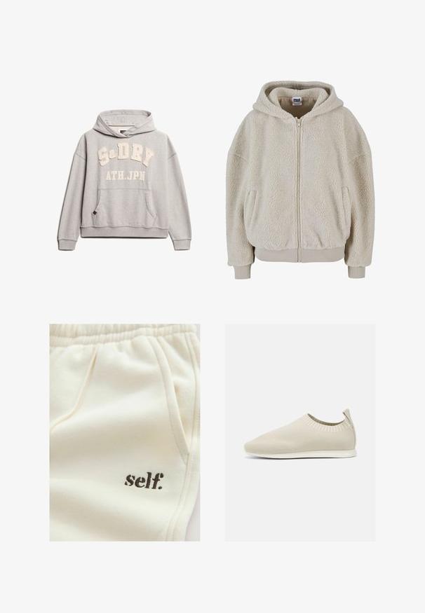 Crème-kleurige, fleece-voering rits-hoodie met een gestructureerd oppervlak, ribbelmanchetten en twee zijzakken.; Superdry & Co ATHLETIC ESSENTIALS - Hoodie - grey marl; Crèmekleurige katoenen joggingbroek met een zachte textuur, elastische tailleband, zijzakken en "self." geborduurd in het bruin.; Beige gebreide instap schoen met een lage profiel, textuur bovenkant en een flexibele zool. Kenmerkt zich door een geweven ontwerp rond de enkel voor comfort.