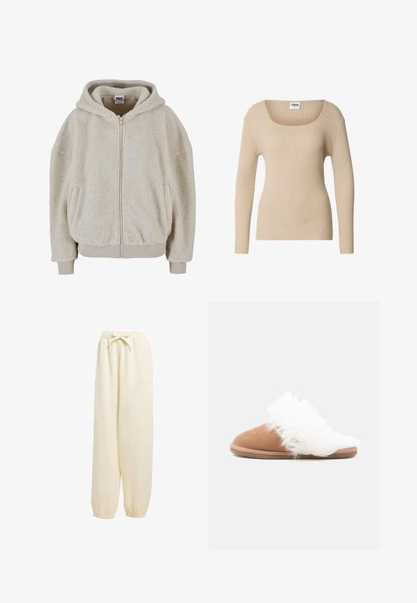 Cremefarvet, fleece-fôret zip-up hættejakke med en struktureret overflade, ribbede manchetter og to sidelommer.; Beige ribstrikket sweater med firkantet halsudskæring og lange ærmer, lavet af blødt, tekstureret stof. Enkel design egnet til lag-på-lag.; Beige, løstsiddende sweatpants lavet af blødt materiale. Har en elastisk talje med snoretræk og elastiske manchetter ved anklerne.; Brune ruskinds slippers med hvid fluffy pelsforing og skridsikker sål, vist i sideprofil på hvid baggrund.