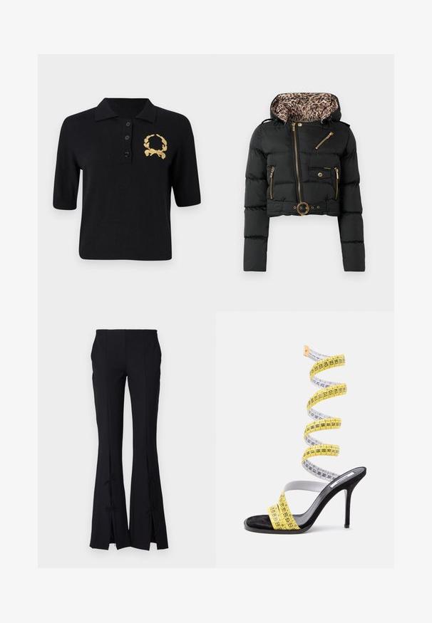 Sort cropped pufferjakke med leopardmønster på hætteforingen, guldfarvede lynlåse, knappet lomme og bælte i taljen med rund spænde.; Sort kortærmet polo-shirt lavet af blødt stof, med krave, tre knapper og et guld laurbærkrans emblem på venstre bryst.; Sorte flagrende bukser lavet af et glat stof, med slids ved kanten der er bundet med sløjfer for ekstra detalje.; Sort højhælet sko omviklet med et snoet gult og hvidt målebånd, der spiralformet stiger opad mod en hvid baggrund.