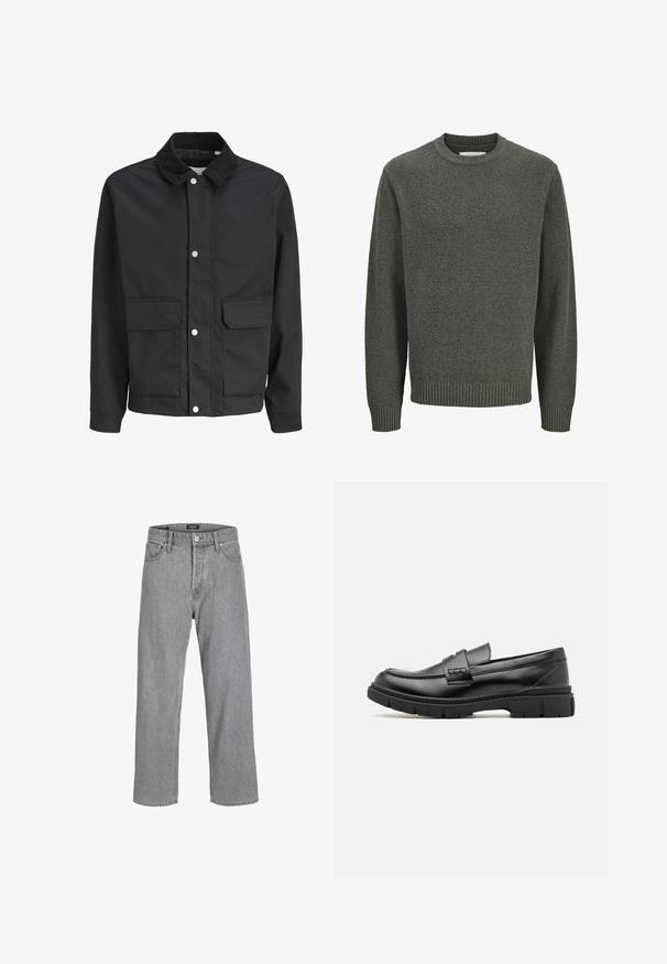 Zwart casual jack met corduroy kraag, drukknoopsluiting en twee grote klepzakken aan de voorkant.; Trui met lange mouwen en ronde hals van gestructureerd grijs breisel met geribde boorden en zoom, getoond op een effen lichte achtergrond.; Grijze denim broek met een ontspannen, losse pasvorm. Beschikt over een traditionele vijf-pocket ontwerp en een knoopsluiting bij de tailleband.; Zwarte leren instapper met een brede band over de voet, rubberen zool met dikke noppen en een gladde textuur. Klassiek, strak ontwerp.