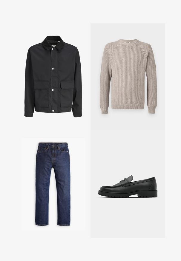 Sort afslappet jakke med manchesterkrave, trykknaplukning og to store frontlommer med klap.; Lys beige strikket sweater med ribbet tekstur, crew neckline og lange ærmer med raglan-sømme. Et afslappet design med diskret spraglet detaljer.; Mørkeblå straight-leg denim jeans med frontknap, lynlås, fem lommer og detaljer i kobbernitter.; Sorte læder loafers med rund tå, der har et syet design, lav platformssål og en struktureret, skridsikker gummisål.