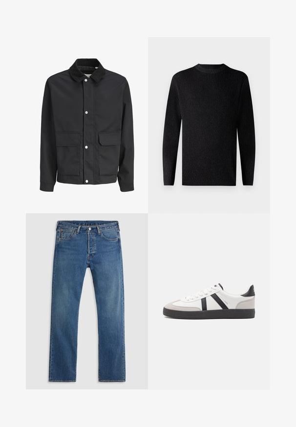 Zwart casual jack met corduroy kraag, drukknoopsluiting en twee grote klepzakken aan de voorkant.; Zwarte geribbelde trui van breiwerk met lange mouwen en een ronde halslijn. Heeft een gestructureerde stof en een rechte zoom.; Blauwe rechte denim jeans met vijf zakken, riemlussen en een sluiting met een knoop en ritssluiting aan de voorkant, op een effen achtergrond.; Witte sneaker met zwarte en grijze accenten, voorzien van een grijze neus met textuur, zwarte rubberen zool en platte witte veters. Schoon ontwerp, minimalistische stijl.