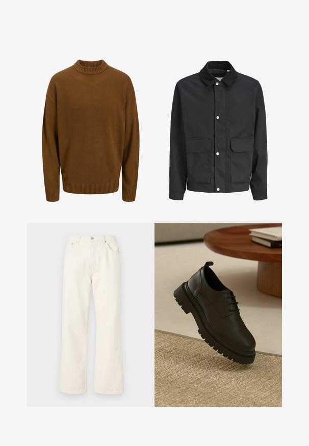 Veste décontractée noire avec col en velours côtelé, fermeture à boutons-pression et deux grandes poches à rabat sur le devant.; Pull en laine marron avec un col et des poignets côtelés, offrant une coupe décontractée et un tissu texturé. Design simple sans motifs.; Jeans larges de couleur crème en denim, avec un design à cinq poches standard et une fermeture à bouton en métal à la taille.; Chaussure en cuir noir avec une surface texturée, bout rond, design à lacets et semelle en caoutchouc noir épaisse. Flottant au-dessus d'un tapis tissé.