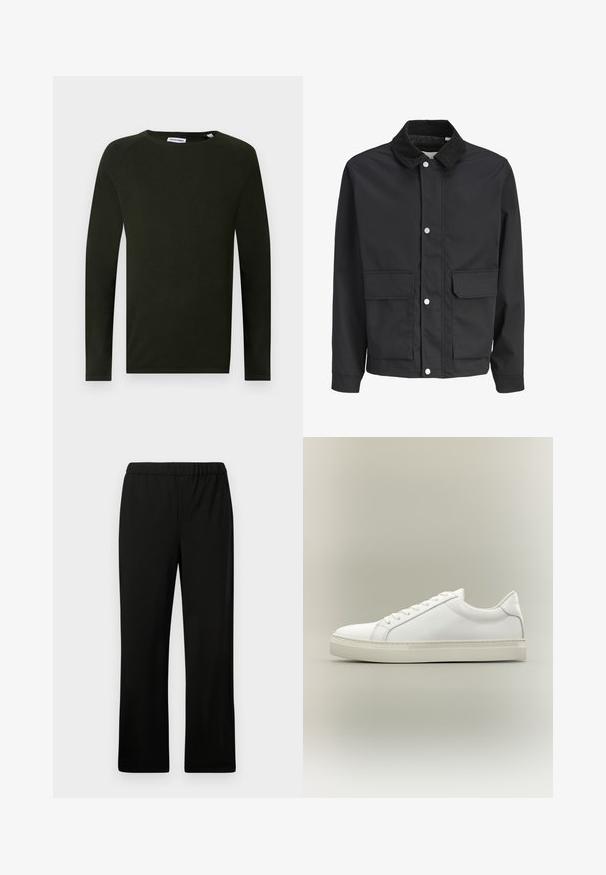Veste décontractée noire avec col en velours côtelé, fermeture à boutons-pression et deux grandes poches à rabat sur le devant.; Chemise en tricot à manches longues vert foncé avec un col rond, présentant un tissu texturé et des poignets ajustés. Étiquette visible au niveau du col.; Pantalon noir à taille élastique avec une coupe droite. Réalisé en tissu lisse, sans motifs ni embellissements visibles.; Baskets blanches basses à lacets sur l’avant et semelle épaisse, vues de côté sur un fond neutre.