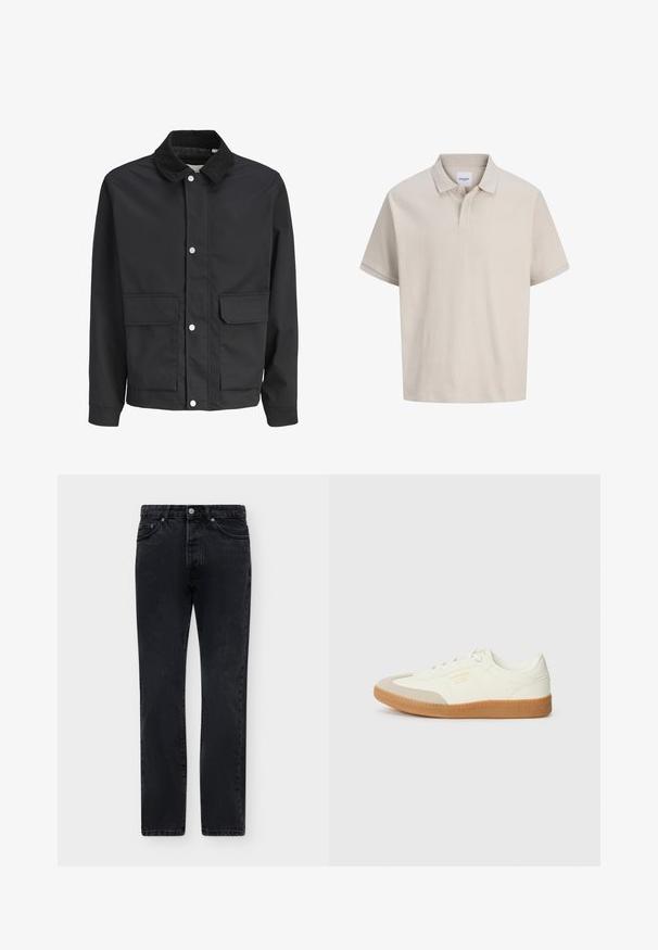 Sort afslappet jakke med manchesterkrave, trykknaplukning og to store frontlommer med klap.; Beige kortærmet polo med subtile lodrette striber, en klassisk krave og en to-knaps stolpe.; Sorte jeans med lige ben, frontlukning med knap og lynlås, bæltestropper og to forlommer.; Sneaker lavet af hvid læder med en beige tåhætte og let brunt gummisål. Har flade hvide snørebånd og prægede branding på siden.