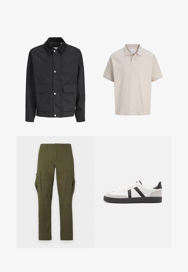 Chaqueta casual negra con cuello de pana, cierre de botones a presión y dos grandes bolsillos frontales con solapa.; Polo beige de manga corta con finas rayas verticales, cuello clásico y tapeta con dos botones.; Pantalones cargo verdes con múltiples bolsillos, incluyendo dos grandes bolsillos laterales con solapa, cierre de botones y presillas para cinturón en la cinturilla.; Zapatilla blanca con acentos en negro y gris, que presenta una puntera texturizada en gris, suela de goma negra y cordones planos blancos. Diseño limpio, estilo minimalista.