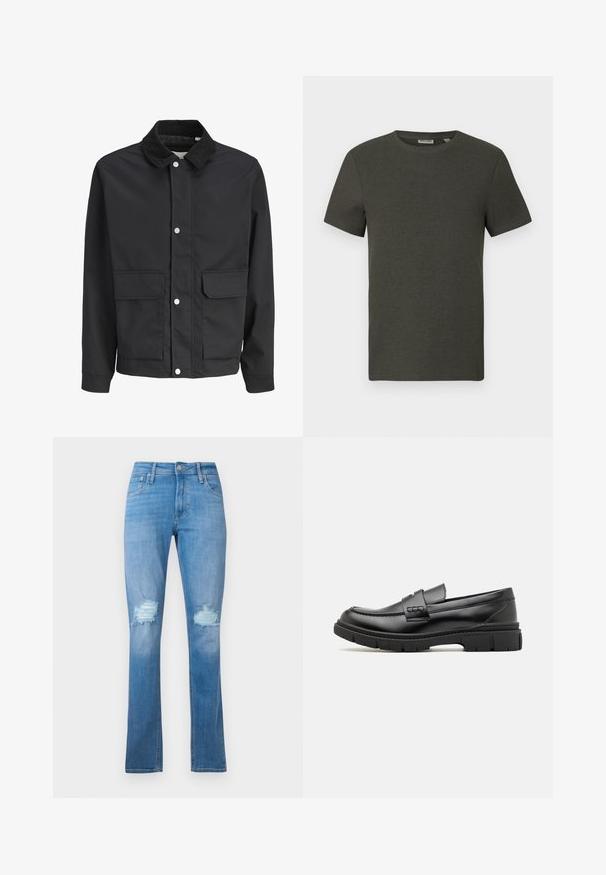 Sort afslappet jakke med manchesterkrave, trykknaplukning og to store frontlommer med klap.; Mørkegrøn kortærmet t-shirt med rund halsudskæring, lavet af ribbet materiale; har et enkelt, minimalistisk design uden mønstre.; Lyseblå denim jeans med lige ben, med slidte knæ med frynser og klassisk femlomme-design.; Sort læder loafersko med en bred rem over forfoden, gummisål med tykke mønstre og glat overflade. Klassisk, slankt design.