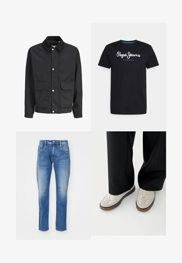 Sort afslappet jakke med manchesterkrave, trykknaplukning og to store frontlommer med klap.; Sort bomulds T-shirt med et hvidt skriftskriftlogo "Pepe Jeans" med en blå accent, rund hals og korte ærmer. Enkel, ensfarvet design.; Lys blå denim jeans med lige ben, fem-lomme design, subtil falmning, og en standart talje med knaplukning.; Fødder iført beige sneakers med brune såler og sorte bukser med vide ben på hvid baggrund.