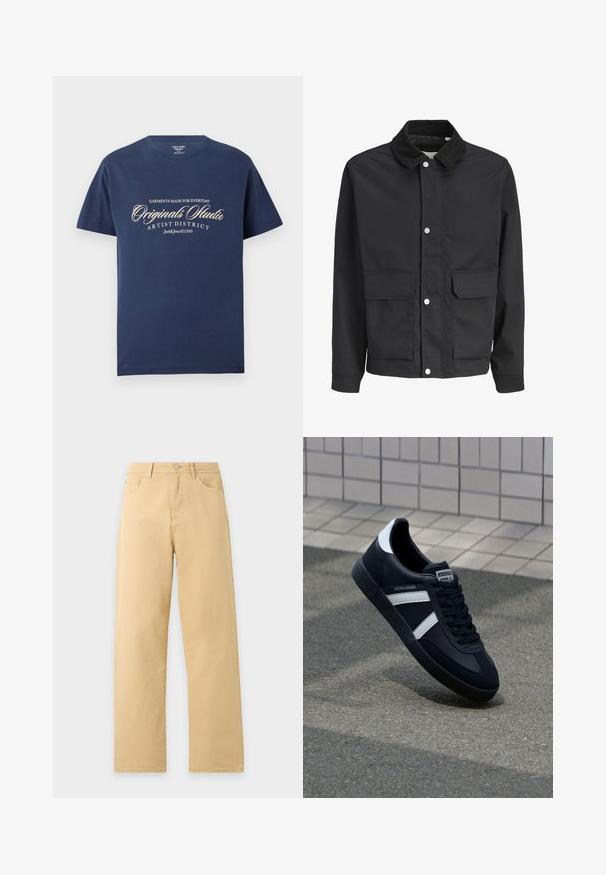 Sort afslappet jakke med manchesterkrave, trykknaplukning og to store frontlommer med klap.; Marineblå bomulds T-shirt med korte ærmer, prydet med hvid tekst, der siger "Tøj lavet til Everyday Originals Studio Artist District."; Beige bukser med lige ben, for- og baglommer, bæltestropper og en lukning med metal knap.; Sort lædersneaker med hvide striber, tekstureret gummisål og snørrebånd foran. Har et brandet mærke på tungen.