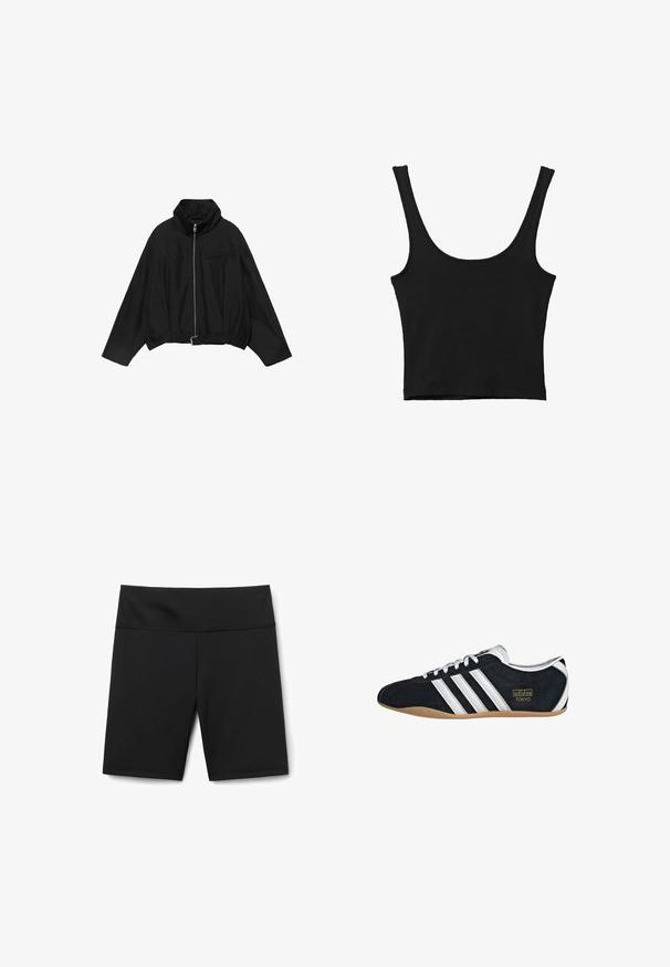 PULL&BEAR BALLOON - Leichte Jacke - black; Schwarzes verkürztes Tanktop mit breiten Trägern, aus weichem Material, mit glatter Textur und minimalistischem Design.; Schwarze Sportshorts aus dehnbarem, feuchtigkeitsableitendem Stoff. Sie verfügen über einen hohen Taillenbund, eine glatte Textur und saubere, fertig gesäumte Abschlüsse.; Schwarze Wildledersneaker mit drei weißen Streifen, goldenem Logo und brauner Gummisohle. Merkmale ein niedrigprofiliertes Schnürdesign.