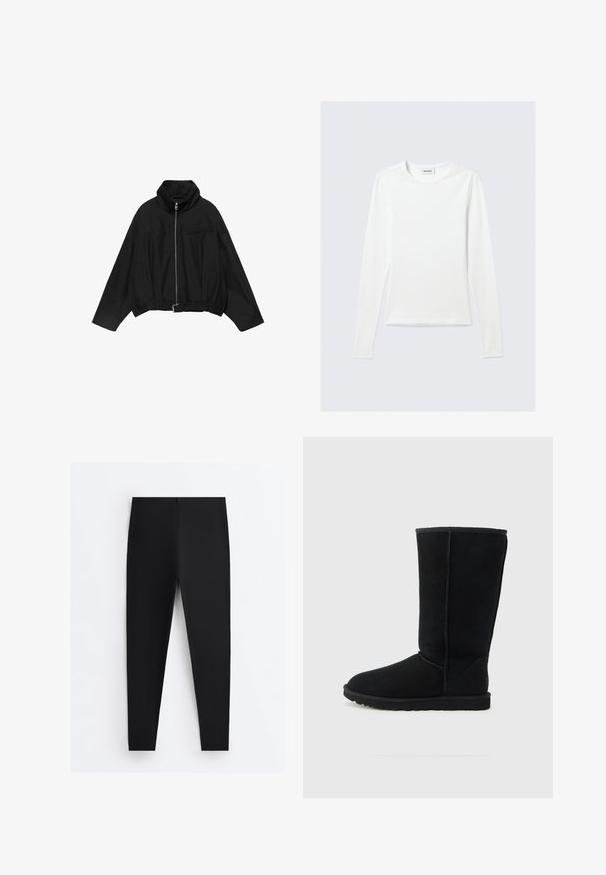 PULL&BEAR BALLOON - Letná bunda - black; Biele jednofarebné tričko s dlhým rukávom a okrúhlym výstrihom s priliehavým strihom, zobrazené na svetlosivom pozadí.; Čierne priliehavé legíny s vysokým pásom a hladkým materiálom, zobrazené plocho na bielom pozadí.; Čierna semišová čižma do polovice lýtok s okrúhlym nosom, textúrovaným povrchom, viditeľným prešívaním a gumovou podrážkou. Klasický dizajn bez ozdôb.
