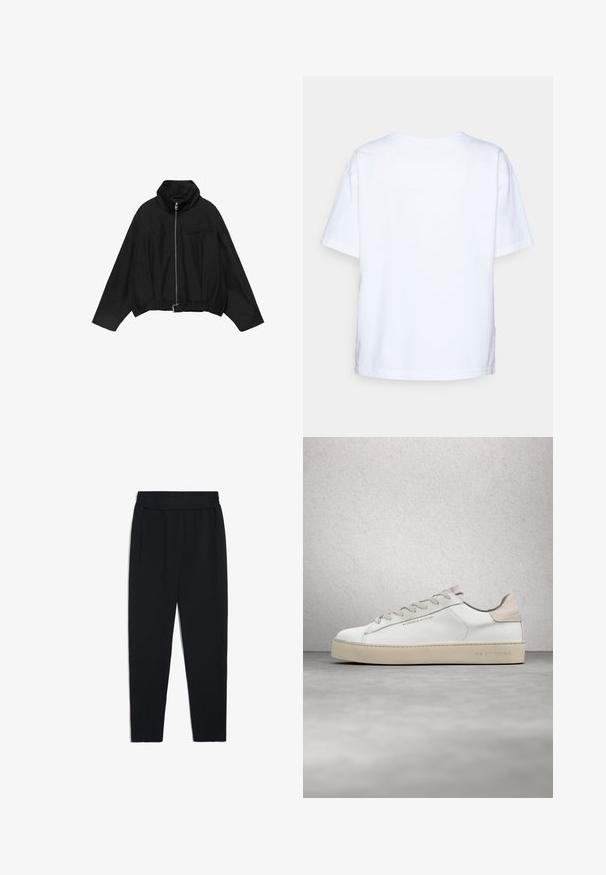 PULL&BEAR BALLOON - Lichte jas - black; Effen wit katoenen T-shirt met korte mouwen, gezien van achteren tegen een lichtgrijze achtergrond.; Zwarte joggers gemaakt van zachte stof, met een elastische tailleband, zijzakken en taps toelopende pijpen voor een aangesloten look.; Witte leren sneaker met een glanzende afwerking, beige suède accenten, ronde neus, platte vetersluiting en een getextureerde rubberen zool.