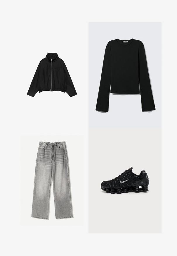 PULL&BEAR BALLOON - Letná bunda - black; Čierne tričko s dlhými rukávmi a okrúhlym výstrihom, priliehavým strihom a mierne rozšírenými rukávmi, označené značkou "Weekday" na krku.; Džínsy s širokými nohavicami v vyblednutom čiernom denime s vysokým pásom, ktoré majú päť vreciek a kontrastný šev pre textúru.; Čierna Nike športová obuv so strieborným logom Swoosh, sieťovinovým a syntetickým zvrškom a výraznou segmentovanou podrážkou s poduškami.