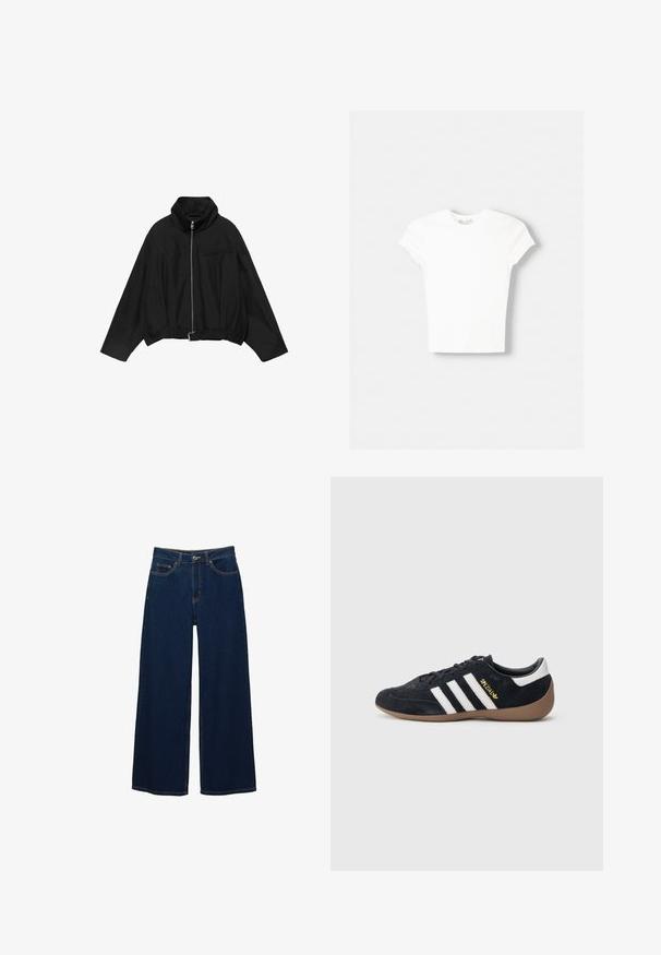 PULL&BEAR BALLOON - Leichte Jacke - black; Weißes kurzärmliges T-Shirt aus weicher Baumwolle, mit Rundhalsausschnitt und figurbetonter Form. Keine sichtbaren Muster oder Verzierungen.; Dunkelblaue Jeans mit weitem Bein aus Denim; mit Taschen vorne und Knopfverschluss; auffällige Nähte entlang der Nähte; keine Muster oder Verzierungen.; Schwarzer Veloursleder-Sneaker mit drei weißen Streifen, Gummisohle und einem kleinen goldenen Logo an der Seite. Verfügt über ein glattes schwarzes Innenfutter.