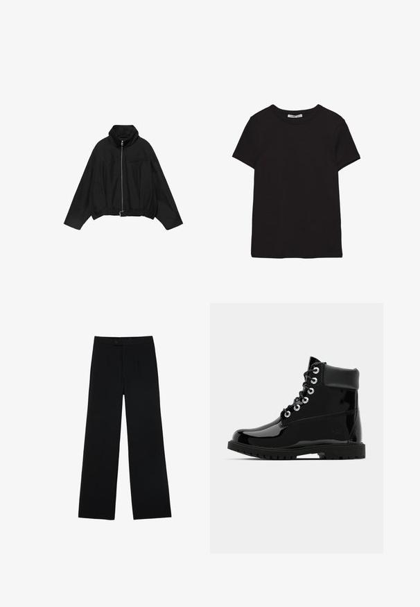 PULL&BEAR BALLOON - Letná bunda - black; Čierne krátke bavlnené tričko s okrúhlym výstrihom, štandardným strihom a viditeľnou vnútornou nálepkou na krku.; Čierne široké nohavice vyrobené z hladkej tkaniny, s predným zapínaním na gombík a dvoma záhybmi pre vylepšenie detailu. Celkový strih je prispôsobený.; Čierne lesklé členkové topánky s hladkým lakovaným povrchom, okrúhla špička, šesť očiek na šnurovanie a robustná gumová podrážka.