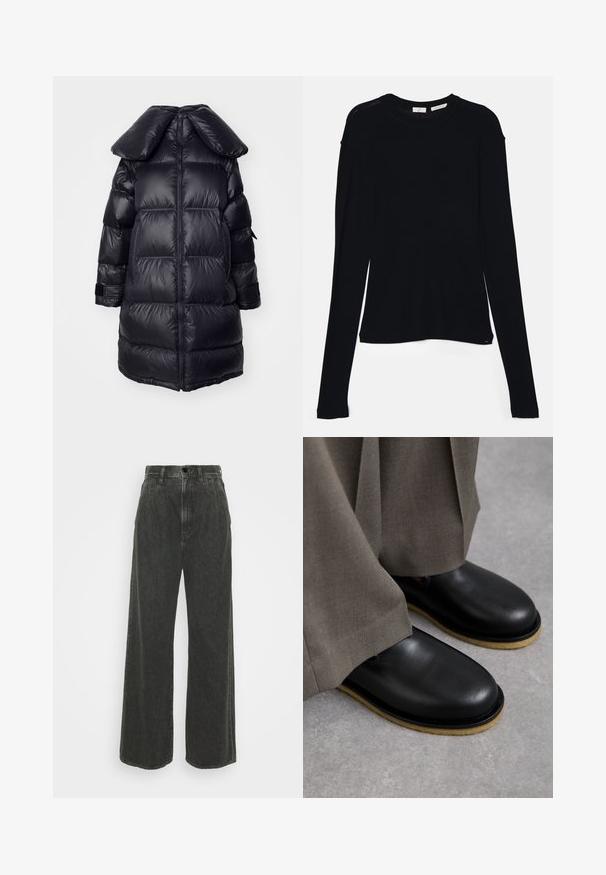 Manteau doudoune noir avec un grand col, présentant des sections matelassées, une fermeture éclair centrale et des poignets élastiques. Texture de tissu lisse et brillant.; Haut noir à manches longues en tissu doux, avec un col rond et une coupe décontractée, doté de fentes sur les côtés à l'ourlet pour faciliter les mouvements.; Goldsign THE EDGAR TROUSER - Wide Leg - vaughn; Chaussures en cuir noir à bout rond, semelle plate et semelle extérieure contrastante brun clair, associées à des pantalons gris amples.