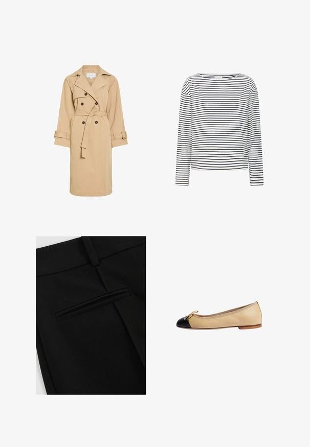 Beige trenchcoat met een dubbel boordontwerp, grote kraag, ceintuurdetail en knoopaccenten. Gemaakt van gladde stof met lange mouwen.; Langsleeve top met een bootnek, gemaakt van zachte stof met marineblauwe en witte horizontale strepen. Rechte snit en minimale details.; Zwarte broek van gladde stof, met een vlakke voorkant en een enkele achterzak met een gleufopening.; Beige leren balletschoenen met zwarte neus, gouden strikaccent en getextureerde rand langs de opening. Platte zool voor gemakkelijk lopen.