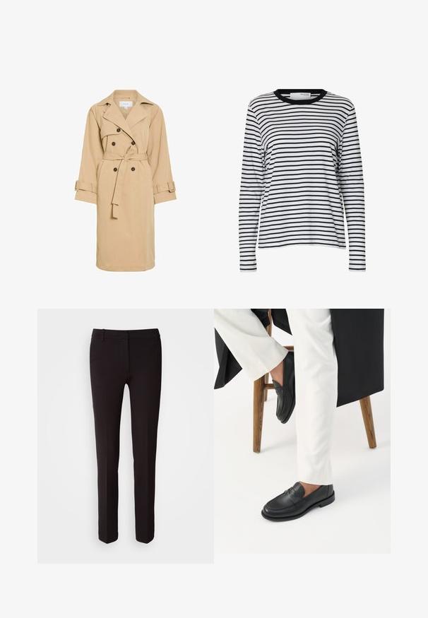 Beige trenchcoat med dobbeltradet design, stor krave, bælte-detalje og knapdekorationer. Fremstillet af glat stof med lange ærmer.; Hvid langærmet skjorte med sorte vandrette striber og en sort rund hals, vist på en ensartet hvid baggrund.; MARCIANO BY GUESS GWEN PANTS - Bukser - black; Person iført sorte læder loafers og hvide bukser, siddende på en træskammel mod en hvid baggrund.