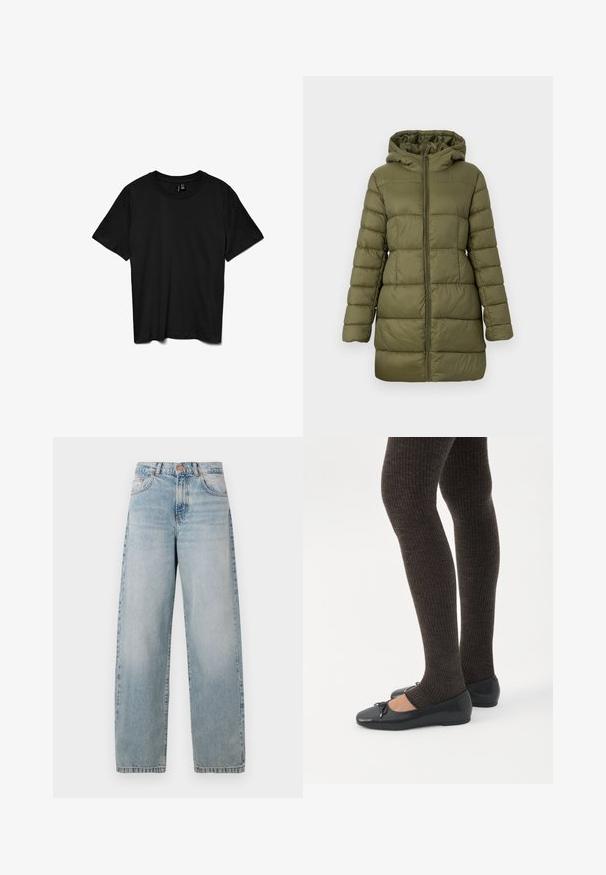 Olijfgroene gewatteerde jas met een capuchon, ritssluiting aan de voorkant en doorgestikt patroon. Zachte textuur en midlange pasvorm, geschikt voor winterweer.; Zwart T-shirt met korte mouwen en ronde hals, effen ontwerp, plat gelegd op een witte achtergrond.; Lichtblauwe denim jeans met een losse pasvorm, hoge taille, vijf zakken en een lichte vervaging. Heeft metalen knopen en stiksels als accenten.; Benen met donkere geribbelde leggings gecombineerd met zwarte ballerina's met kleine strikdetails op een witte achtergrond.