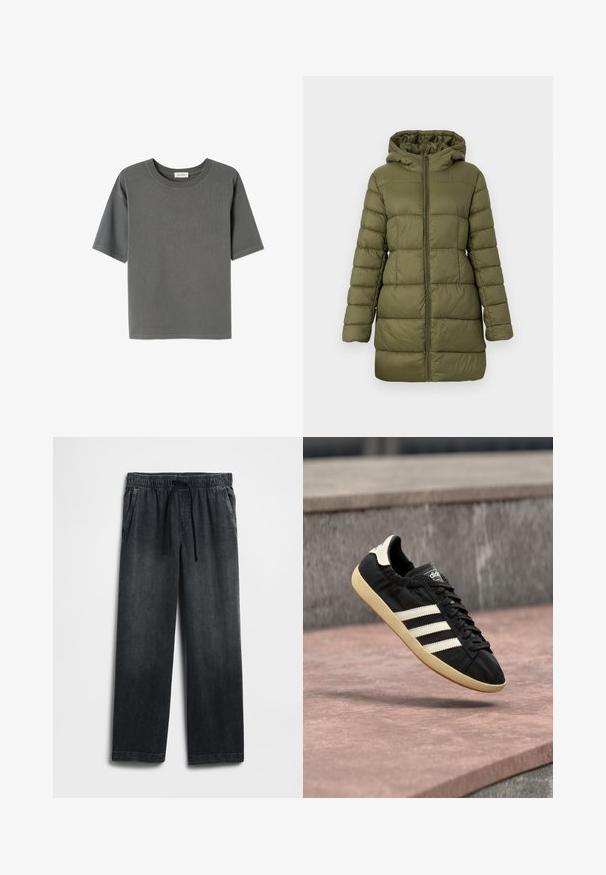 Olijfgroene gewatteerde jas met een capuchon, ritssluiting aan de voorkant en doorgestikt patroon. Zachte textuur en midlange pasvorm, geschikt voor winterweer.; Grijze T-shirt met korte mouwen, ribbeltextuur en ronde halslijn, met recht gesneden zijkanten en minimale stikdetails.; Zwarte spijkerbroek met een elastische tailleband met trekkoord, wijde pijpen en subtiele vervaagde details. Inclusief twee zijzakken.; Zwarte Adidas sneaker met witte strepen en beige zool, vastgelegd in de lucht boven een stenen oppervlak en een stenen muur op de achtergrond.
