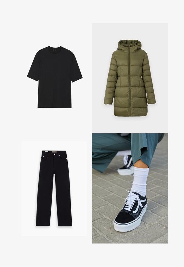 Manteau matelassé vert olive avec capuche, fermeture éclair devant et motif cousu. Texture douce et design mi-long, adapté pour le temps hivernal.; T-shirt noir à manches courtes en coton. Il possède un col rond et un ourlet droit. Design minimaliste sans motifs ni accents.; Jean en denim noir avec une coupe droite, cinq poches, matériel en cuivre et texture lisse. Deux étiquettes visibles sur la taille.; Baskets en suède noir avec des accents et des lacets blancs, présentant une épaisse semelle blanche et des coutures contrastantes, associées à une chaussette blanche.
