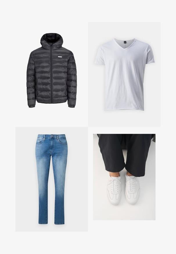 Sort pufferjakke med hætte, med vandrette quiltede sektioner, en frontlynlås og to lynlåsede sidelommer. Glat tekstur.; Hvid kortærmet V-hals t-shirt lavet af blødt bomuld, med en afslappet pasform og glat overflade, samt et lille mærke ved halsudskæringen.; Blå jeans med lige ben, mellemhøj talje, knap- og lynlås-lukning samt klassisk fem-lomme design.; Hvide lædersneakers med en glat overflade, rund tå og klassisk snøresystem, placeret over mørke, løse bukser.