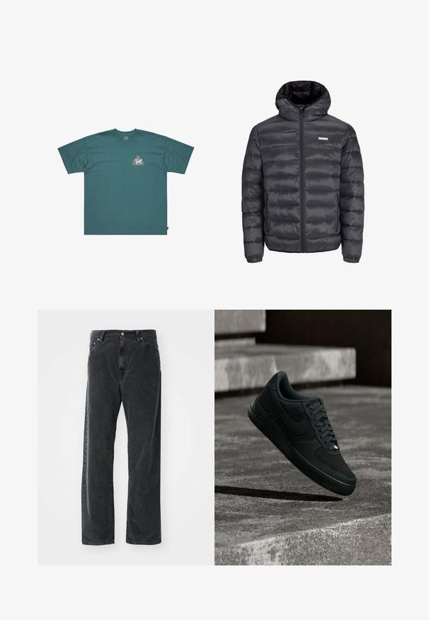 Sort pufferjakke med hætte, med vandrette quiltede sektioner, en frontlynlås og to lynlåsede sidelommer. Glat tekstur.; Teal bomulds T-shirt med korte ærmer og løs pasform. Har en trekantet grafik med farverigt design og mærkenavn på brystet.; Sorte lige ben corduroy bukser med forlommer, bæltestropper og knaplukning, præsenteret på en hvid baggrund.; Sort Nike Air Force 1 sportssko med mesh- og lærdetaljer, svævende over strukturerede betontrapper i dæmpet belysning.