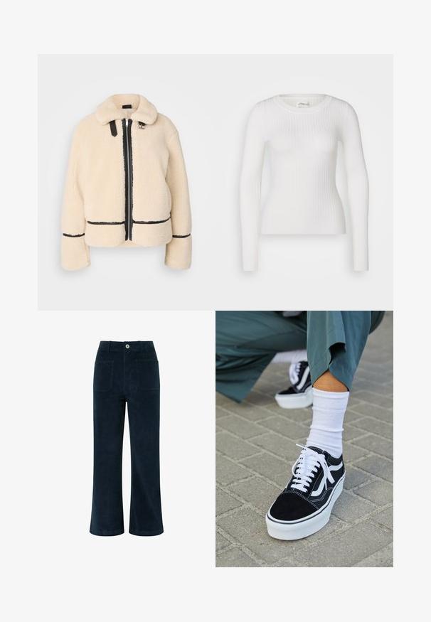 Cremefarvet, fluffy teddyjakke med lynlås fortil, sort lynlås og læderdetaljer. Har en blød, krave og brede ærmer.; Hvid langærmet ribbet top med en rund halsudskæring. Stoffet er glat og har en subtil tekstur samt en tætsiddende design. Ingen synlige detaljer eller mønstre.; Mørkeblå fløjlbukser med høj talje, bred benåbning, to baglommer og knappelukning foran. Blød tekstur med en glat overflade.; Sorte ruskinds sneakers med hvide accenter og snørebånd, der har en tyk hvid sål og kontrasterende syninger, parret med en hvid sok.