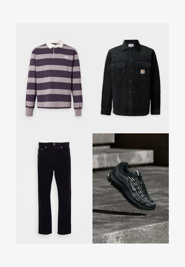 Veste noire en velours côtelé à boutons avec deux poches poitrine, dont une avec un petit patch carré du logo Carhartt.; Maillot de rugby à manches longues avec larges rayures horizontales violet foncé et gris, col blanc et logo The North Face sur la poitrine.; Carhartt WIP NEWEL PANT - Pantalon classique - dark navy; Baskets Nike Air Max noires et grises flottant au-dessus de marches en béton gris avec un fond de sol texturé.