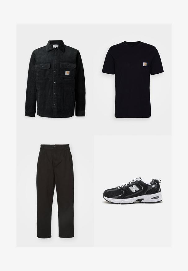 Sort kordfløjlsjakke med knapper og to brystlommer, hvoraf den ene har et lille firkantet Carhartt-logo.; Sort bomulds T-shirt med korte ærmer, rund hals og en brystlomme, der har et lille, kvadratisk logo-patch. Enkel, ensfarvet design.; Sorte bukser lavet af glat stof, med knaplukning, lige pasform og to frontfolder for ekstra detalje.; Sorte og grå sportssko med mesh og ruskind på overdelen, der har en hvid mellemsål, snørebånd og et iøjnefaldende "N" logo på siden.