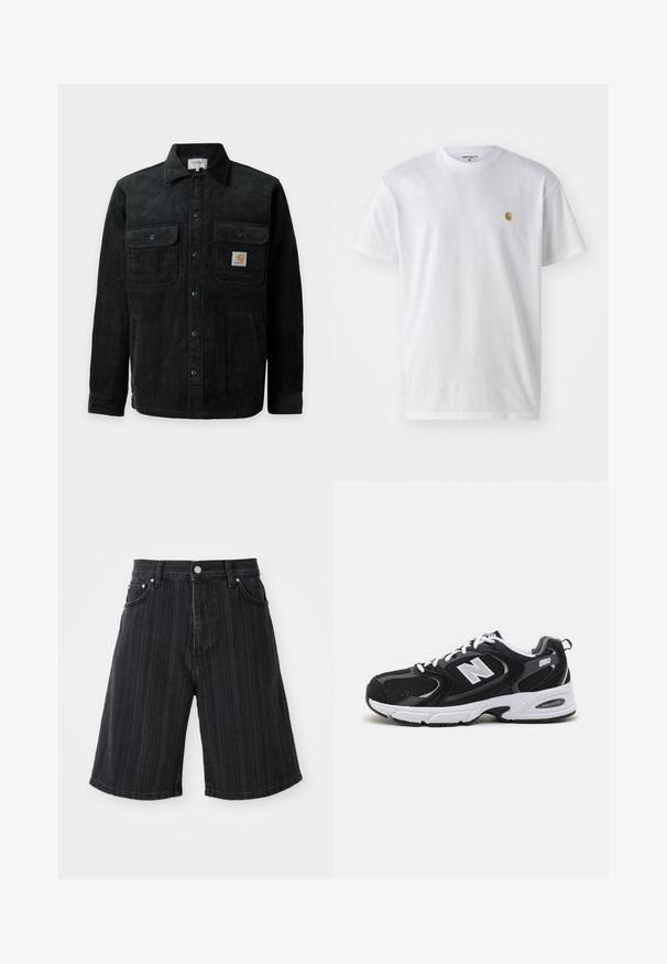 Sort kordfløjlsjakke med knapper og to brystlommer, hvoraf den ene har et lille firkantet Carhartt-logo.; Hvid bomulds t-shirt med korte ærmer, rund hals og et lille guld logo på venstre brystområde. Blød tekstur og almindelig pasform.; Sort denimshorts med bred benvidde, med lodrette striber, forlommer og metalhardware-detaljer.; Sorte og grå sportssko med mesh og ruskind på overdelen, der har en hvid mellemsål, snørebånd og et iøjnefaldende "N" logo på siden.