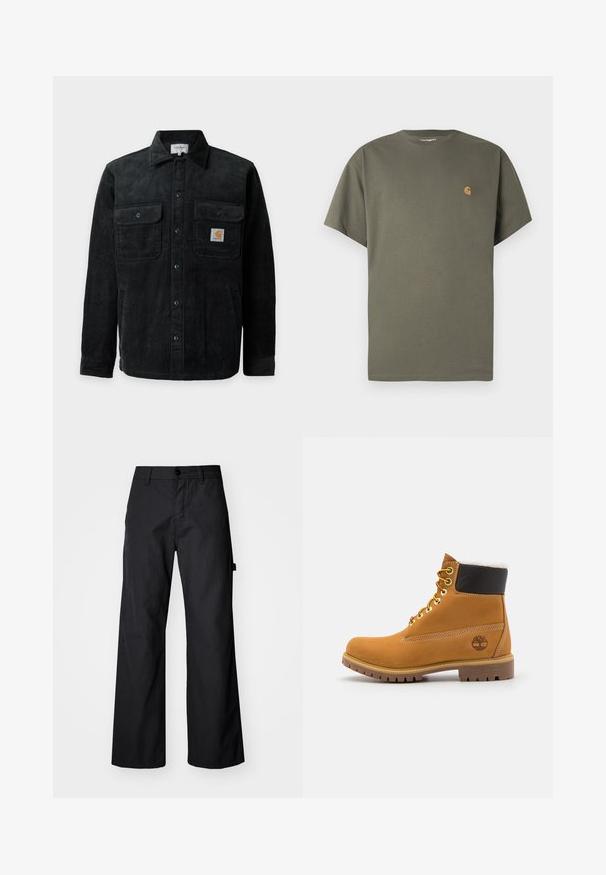 Sort kordfløjlsjakke med knapper og to brystlommer, hvoraf den ene har et lille firkantet Carhartt-logo.; Olivengrøn T-shirt med rund hals og korte ærmer, lavet af bomuld, med en lille orange logo på venstre bryst.; Svarte breddebenede bukser fremstillet af holdbart stof. Har en knaplukning og sidelommer. Glat tekstur med et enkelt design.; Brune læder ankelstøvle med metaløjer, hvid pelsforing, sort polstret krave, robust sål og præget logo på siden.
