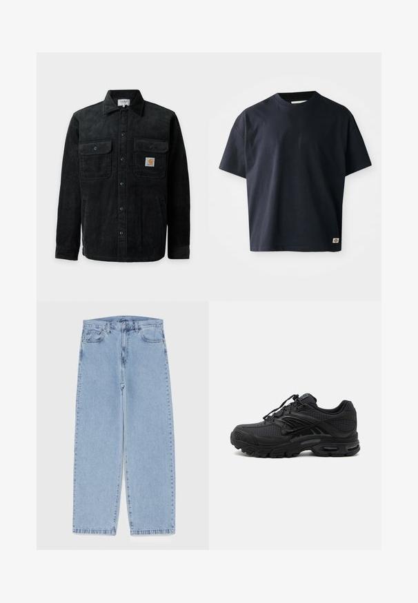 Zwarte corduroy jas met knopen en twee borstzakken, waarvan één een klein vierkant Carhartt-logo bevat.; Marineblauwe T-shirt met korte mouwen en ronde hals, voorzien van een klein rechthoekig merklogo nabij de onderzoom aan de rechtervoorkant.; Lichtblauwe denim jeans met een recht model, voorzien van een middelhoge taille, vijf zakken en een knoop- en ritssluiting.; Zwarte atletische sneaker met textuurstof, dikke gevoerde zool, luchtopeningen en vetersluiting, vanaf de zijkant weergegeven tegen een lichte achtergrond.
