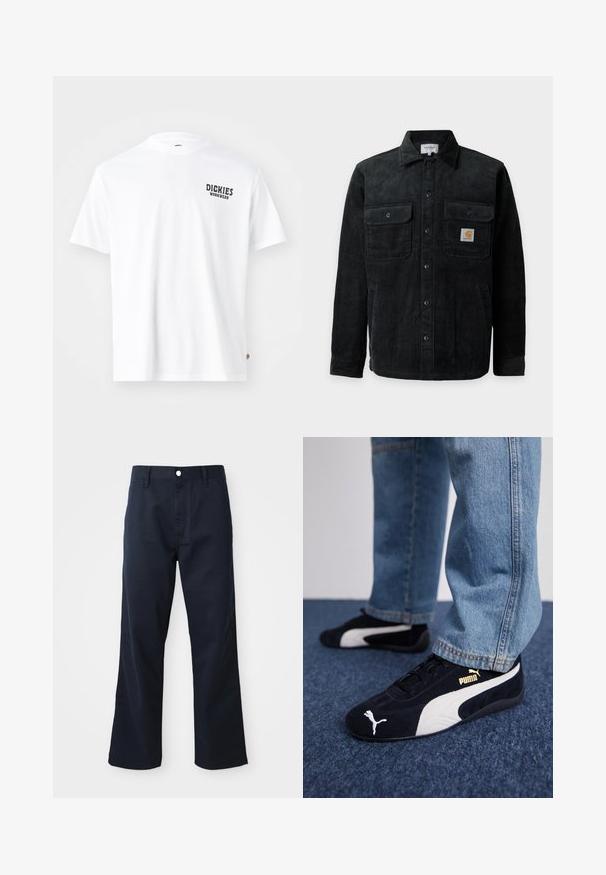 Sort kordfløjlsjakke med knapper og to brystlommer, hvoraf den ene har et lille firkantet Carhartt-logo.; Hvid bomulds t-shirt med rund hals, korte ærmer og et lille sort "Dickies Workwear" logo på venstre bryst. Glat tekstur, standard pasform.; Mørkeblå bomuldsbukser med lige ben, der har en lynlås, knaplukning og forlommer. Glat overflade og ren finish.; Sorte ruskinds sneakers med hvide detaljer og et guldlogo. Båret med lyseblå denimjeans og sat på en struktureret blå overflade.
